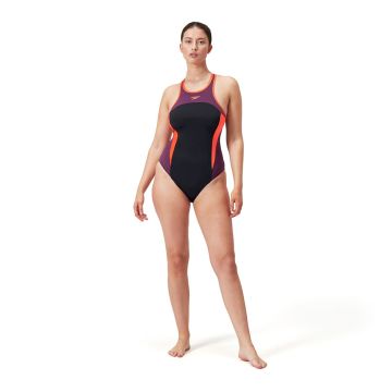 Speedo High Neck Splice Cross Back Swimsuit Ladies BLACK