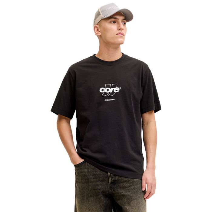 Jack & Jones Club Front Print Crew Neck Tee Mens BLACK